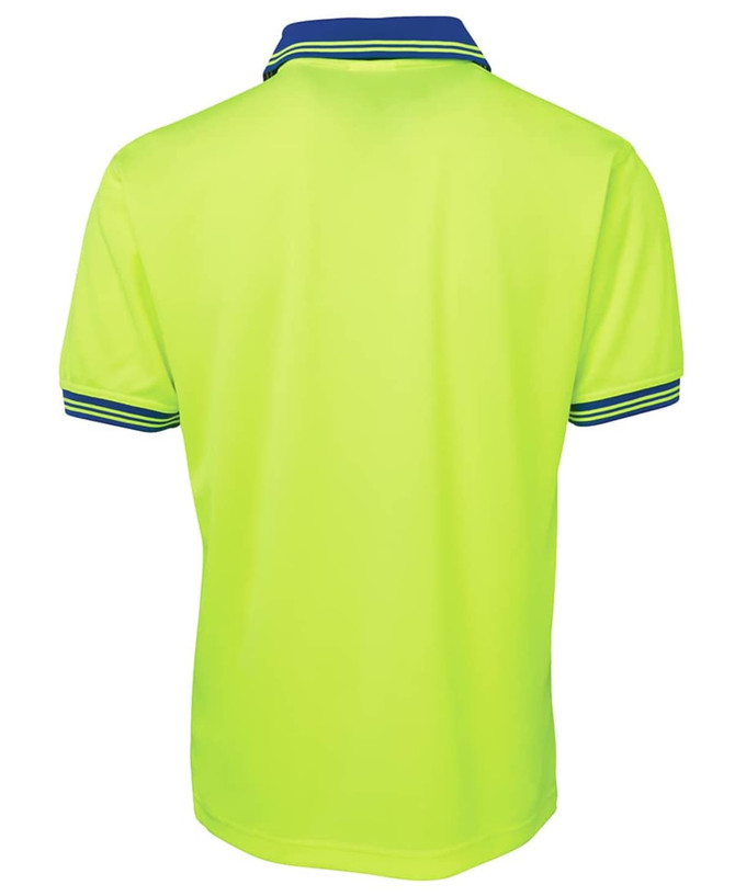 A bright yellow polo shirt with a blue collar and striped detailing. The back view highlights the vibrant colour and design.