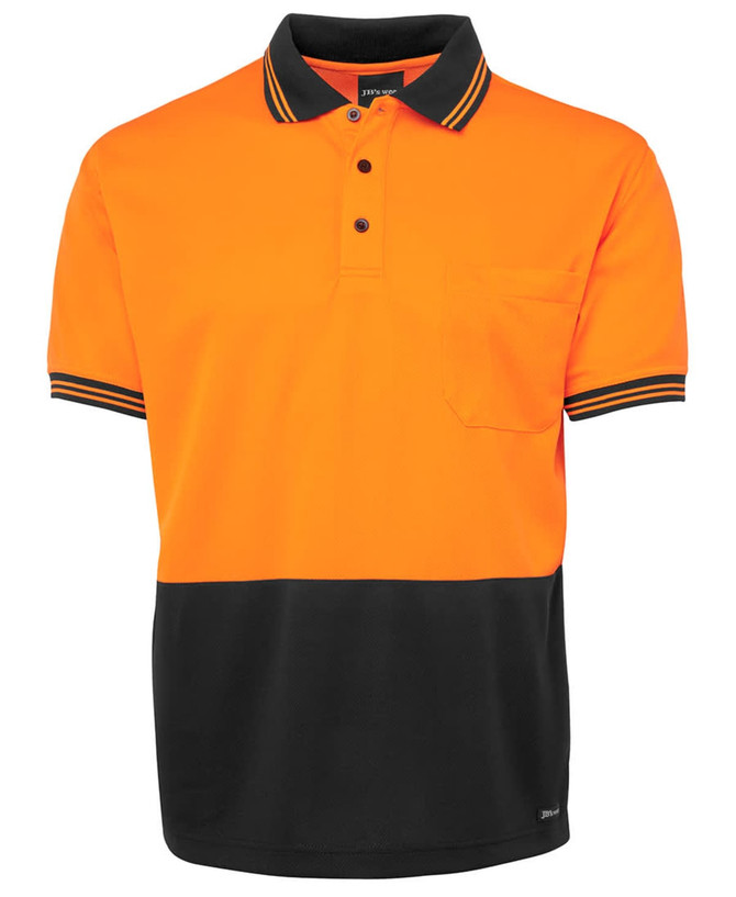 An orange and black polo shirt with a pocket and striped collar, featuring a logo on the chest.