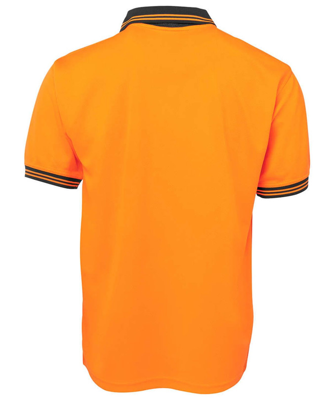 An orange short-sleeve polo shirt with contrasting collar and sleeve trims, featuring a logo.