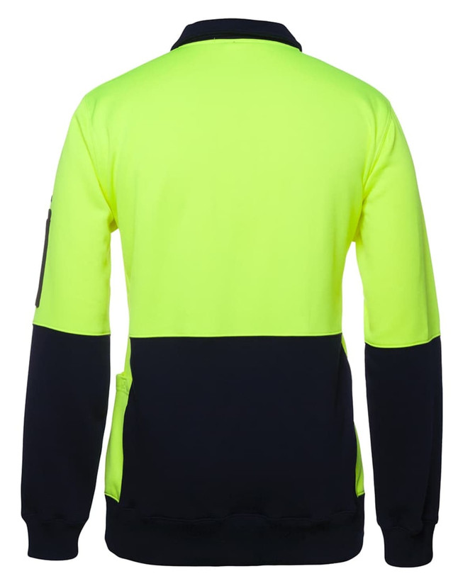A bright yellow and navy fleece jumper with a half zip and a sleeve pocket, featuring a logo.