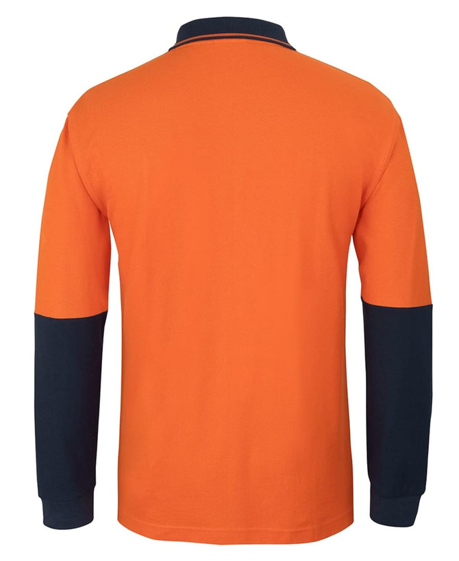 An orange long-sleeve cotton polo shirt with navy blue sleeves and a collar, featuring a logo.
