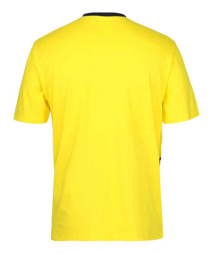 A yellow crew neck cotton T-shirt with a solid colour design and a logo on the side.