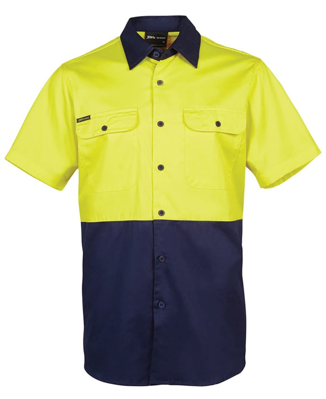 A short-sleeved work shirt in bright yellow and navy blue with two front pockets and a brand logo.