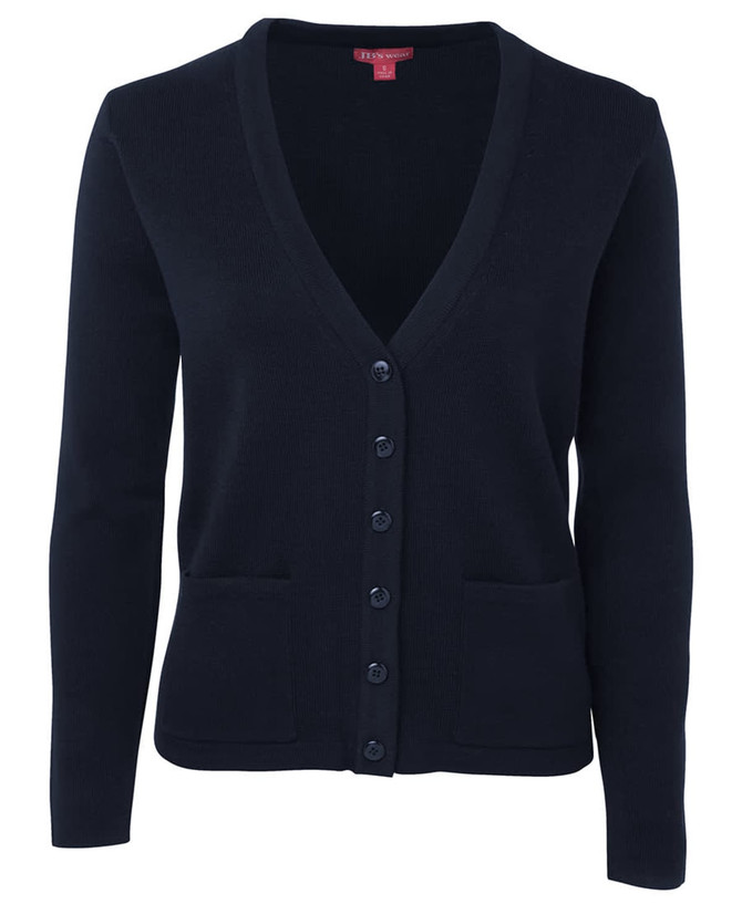 A navy knitted cardigan with a V-neck, button closure, and two front pockets. It includes a brand logo.