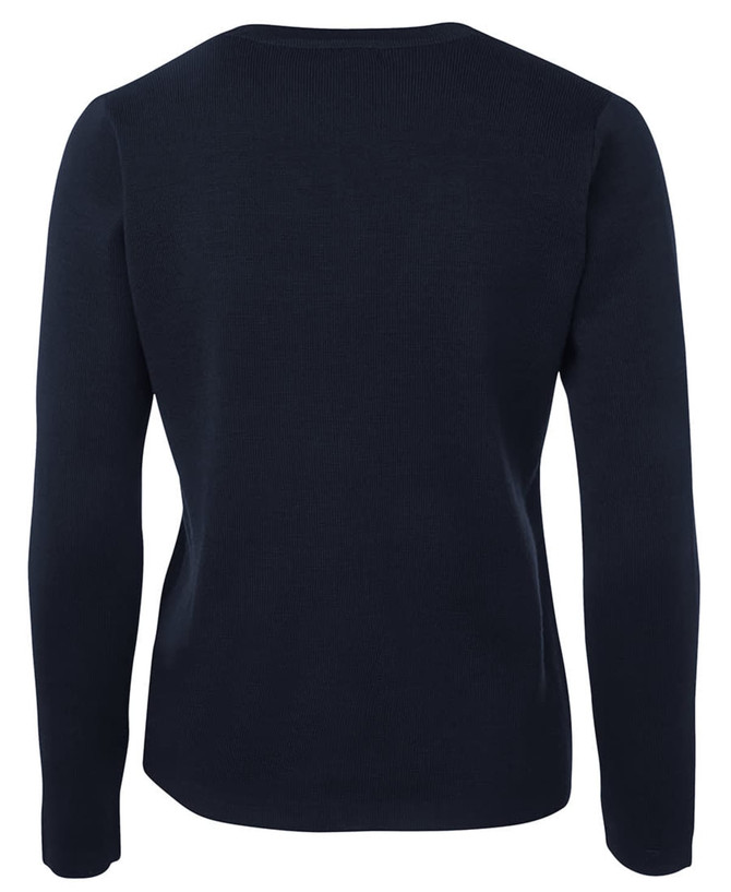 A back view of a navy knitted cardigan, featuring long sleeves and a fitted design. The garment has a logo.