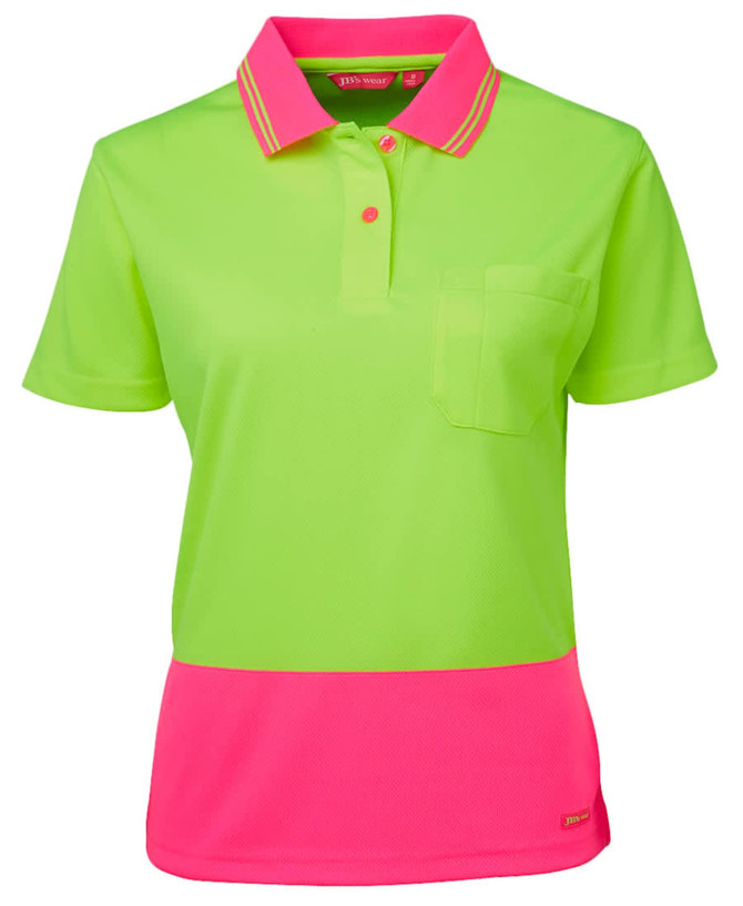 A ladies' short-sleeve polo shirt in vibrant neon green with a pink lower panel and a chest pocket. It features a logo.