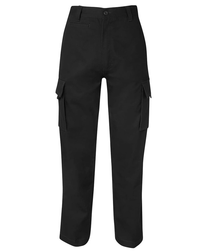 Black cargo pants featuring pockets on the sides, with a button closure at the waist. Includes a logo.