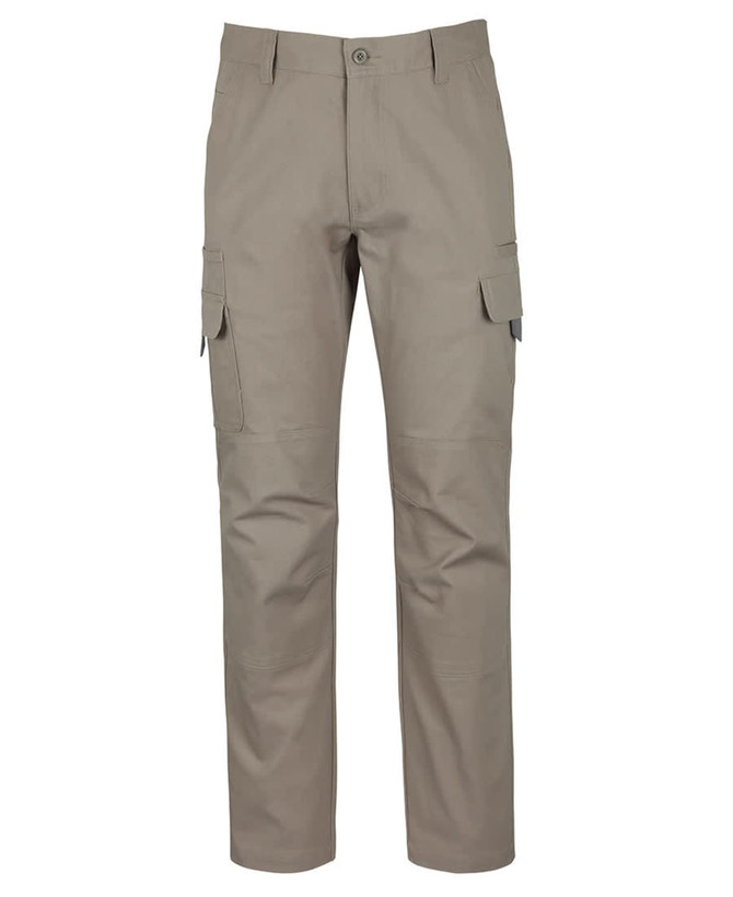 Khaki cargo pants featuring multiple pockets and a subtle logo. Made from stretch canvas material.