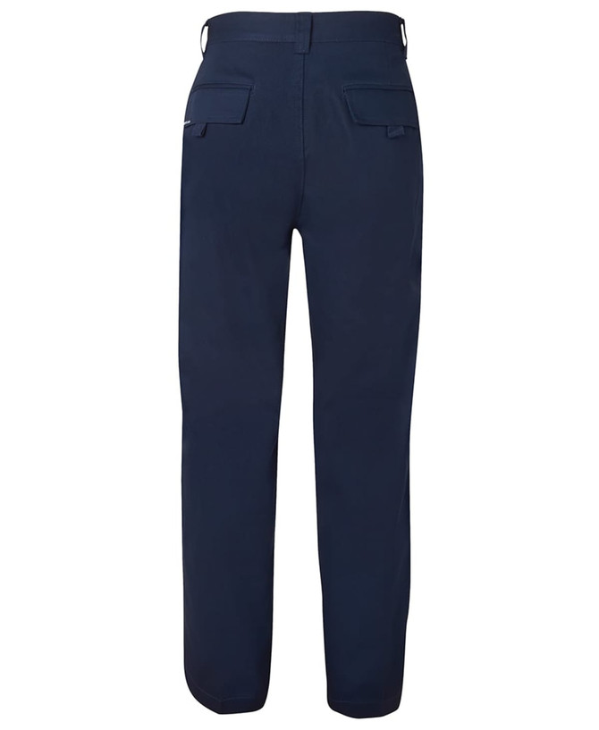 Navy work trousers featuring rear pockets and a subtle logo, designed for durability and comfort.