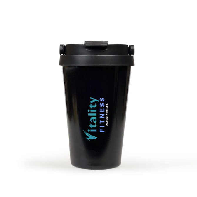A travel mug in black, featuring a lid and a logo in blue and white. Ideal for on-the-go hydration.