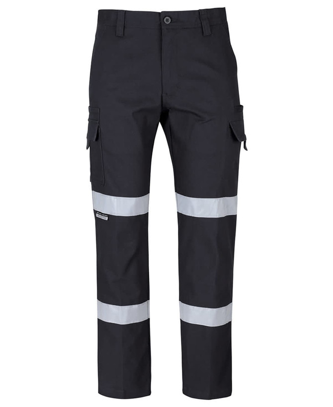 A pair of black cargo pants featuring reflective tape and multiple pockets, with a logo on the fabric.