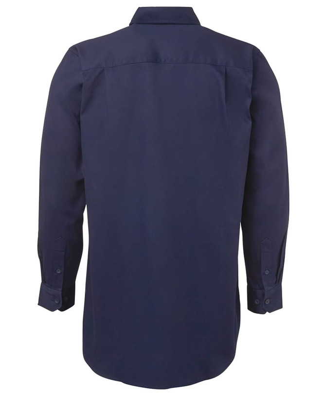 A navy long-sleeved work shirt featuring a close front design and buttoned cuffs, with a logo displayed.