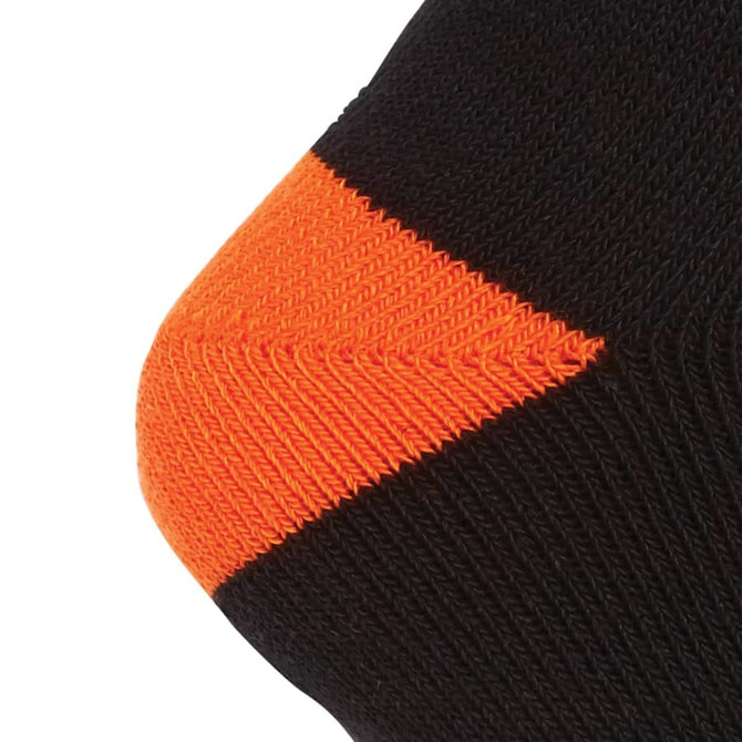 A close-up of a black sock featuring an orange heel and toe section, designed for workwear.