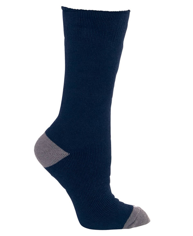 A navy blue work sock featuring a grey heel and toe, displayed in a side view.