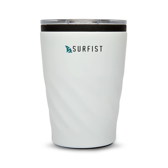 A reusable coffee cup in a sleek white design with a clear lid and a logo.