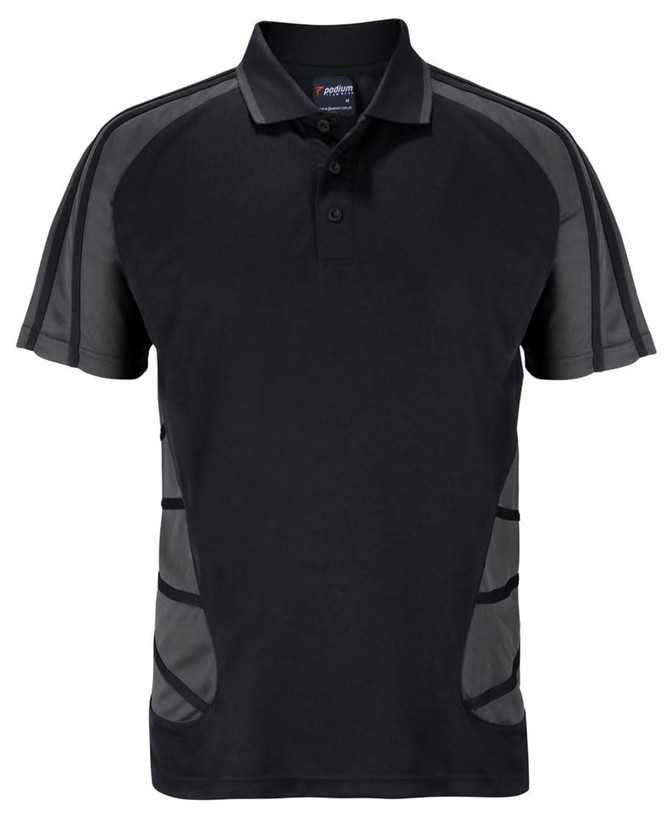 A black polo shirt with grey accents and a logo, featuring short sleeves and a collar.