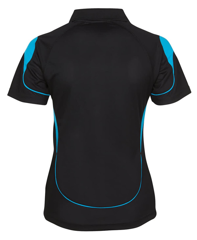 A black polo shirt for women featuring blue accent lines and a logo on the back.