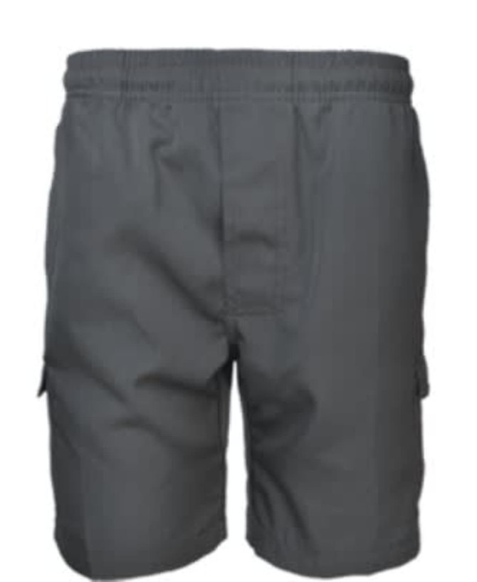 A pair of grey cargo shorts featuring side pockets and an elastic waistband, with a branded logo.