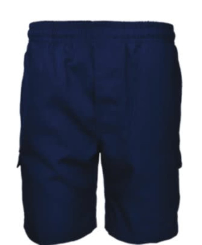 Navy blue kids' cargo shorts with side pockets and an elastic waistband, featuring a brand logo.