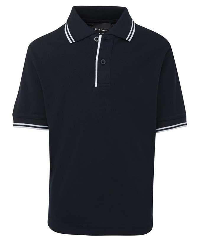 A navy polo shirt with contrasting white stripes on the collar and sleeves, featuring a logo.