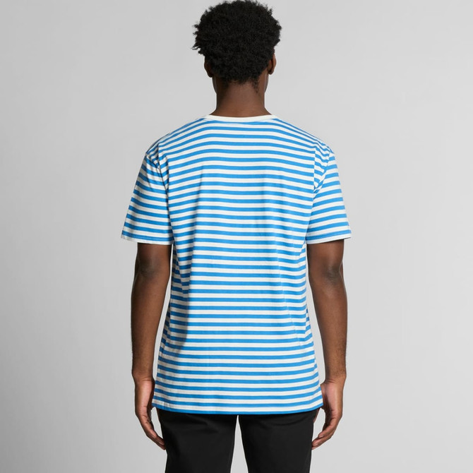A back view of a T-shirt featuring blue and white stripes. The shirt has a logo on the back.