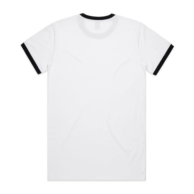 A white T-shirt featuring black contrast trim at the collar and sleeves, with a branding logo on the back.