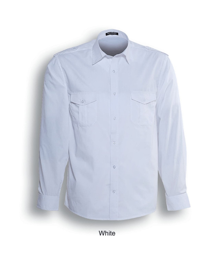A white unisex long-sleeve service shirt with two chest pockets and a logo.