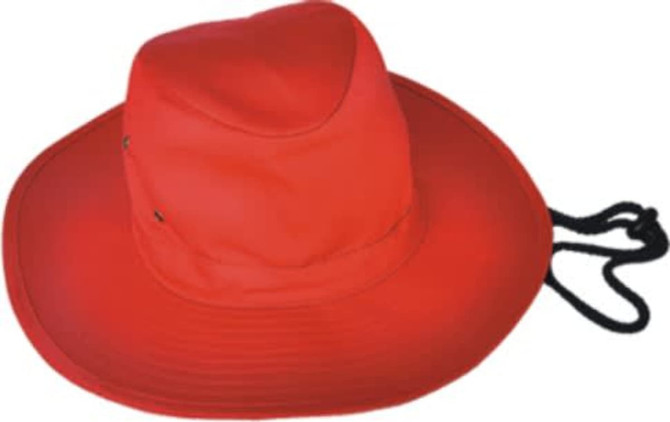A red wide-brim hat with a chin strap, featuring a simple design and no visible logos.