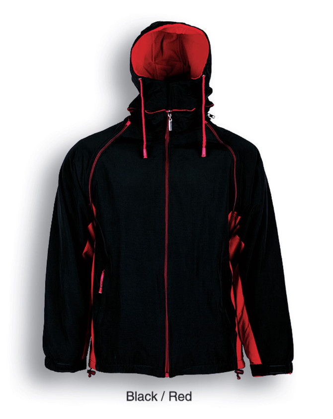 A unisex three-in-one jacket in black with red accents, featuring a hood and zip closure. Includes a logo.