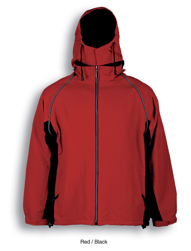A red and black unisex three-in-one jacket with a hood, featuring zippered pockets and a sleek design.