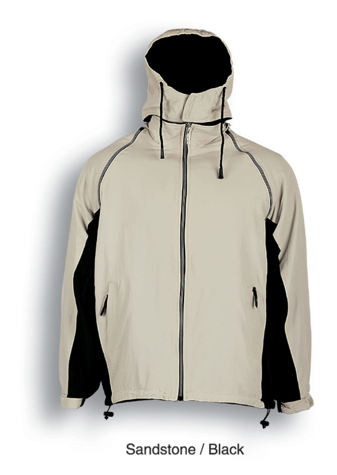A unisex three-in-one jacket in sandstone and black, featuring a hood and zippered pockets. It has a logo.