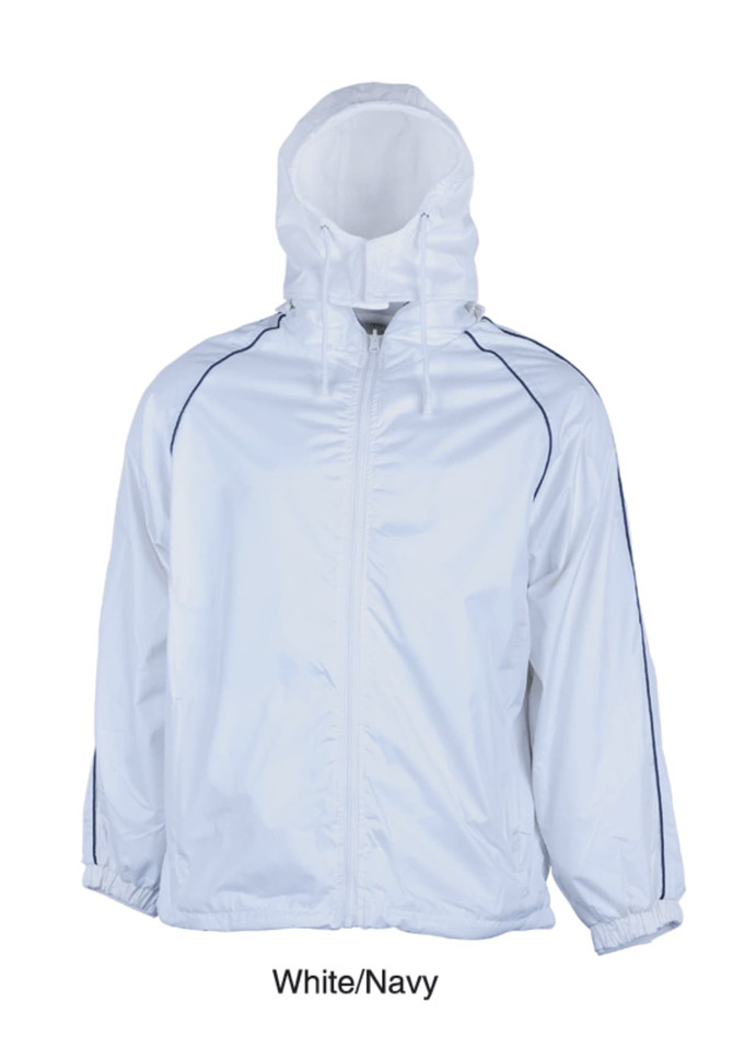 A reversible unisex jacket in white with navy accents, featuring a hood and zip closure, and includes a logo.