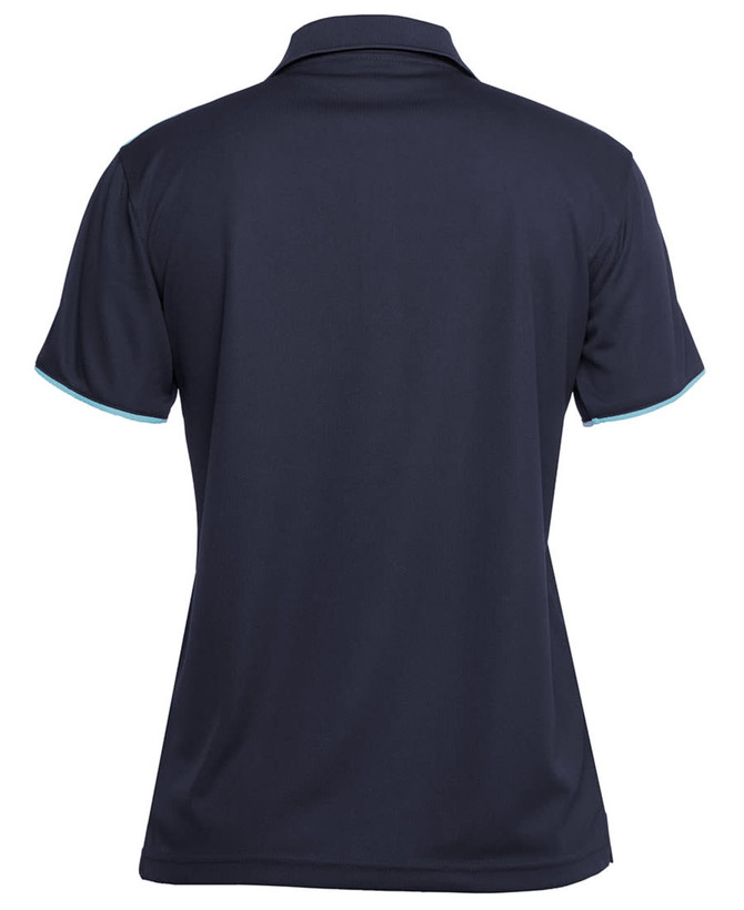 A navy polo shirt with a collar and short sleeves, featuring contrasting trims and a logo on the back.