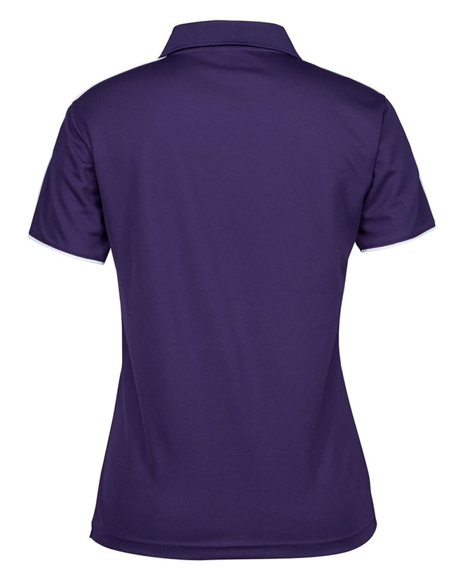 A purple polo shirt featuring a collared neckline and short sleeves, with a logo on the back.