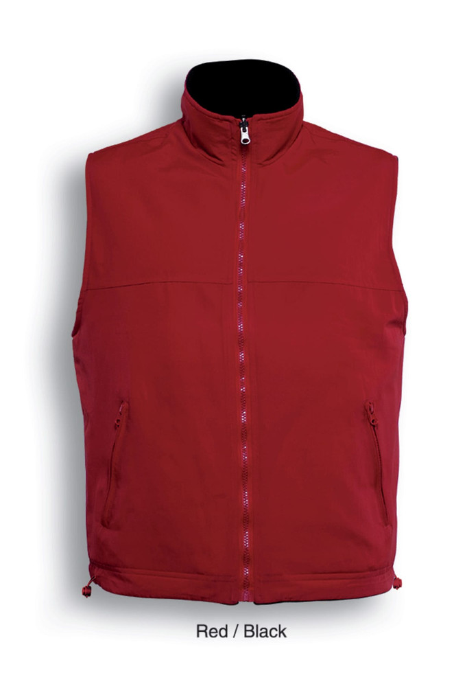 A unisex reversible vest in red and black, featuring a high collar and front zip closure. It has a logo on it.
