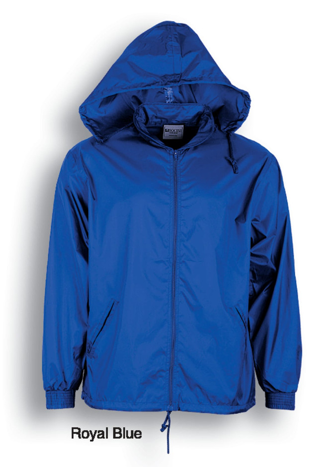 Unisex adults' rain jacket in royal blue with a hood and two front pockets; features a logo.