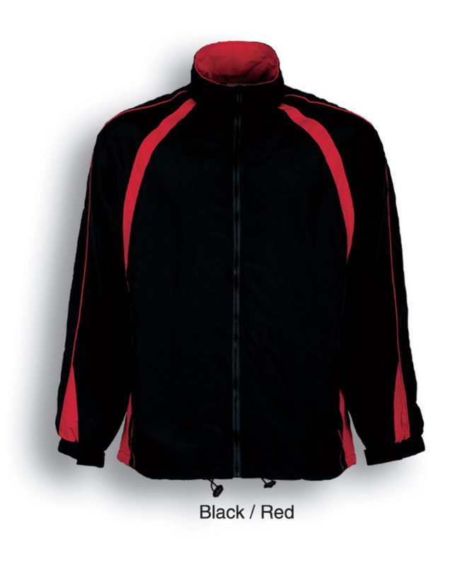 A unisex track suit jacket in black with red accents, featuring a zip closure and a logo.