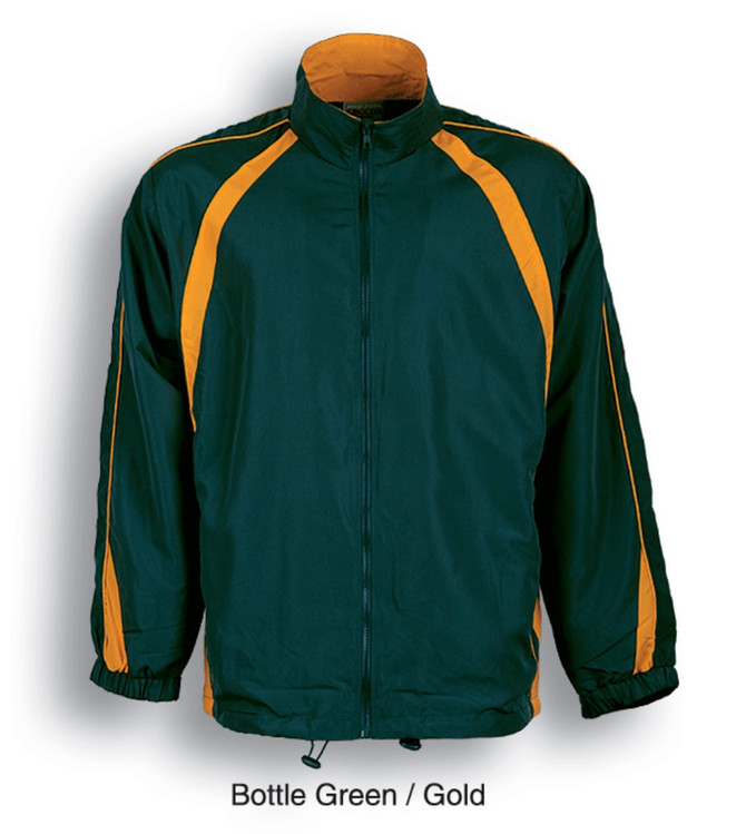 A track suit jacket in bottle green and gold with contrast panels and a logo.