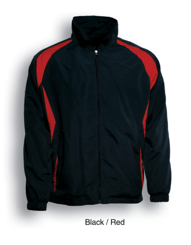 A track jacket in black with red accents, featuring a zip front and elastic cuffs. It has a logo on the chest.
