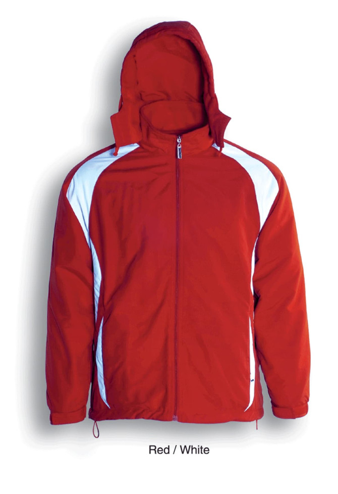A reversible sports jacket in red and white with a hood and contrasting panels, featuring a logo.