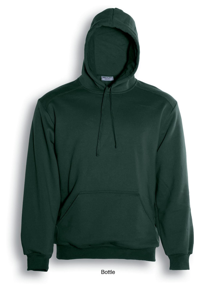 A unisex adult pullover hoodie in bottle green with a front pocket and hood. Features a logo.