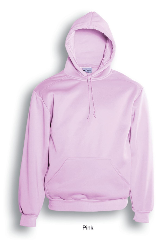 A pink unisex pull-over hoodie featuring a front pocket and a hood, with a logo present.
