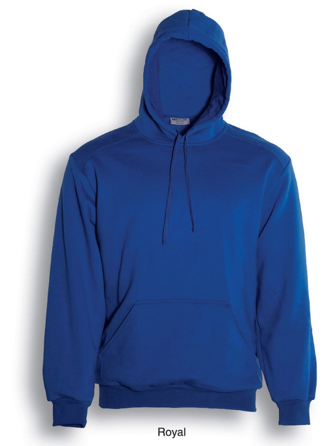 A royal blue kids' pullover hoodie featuring a front pocket and a hood. It has a logo on the front.