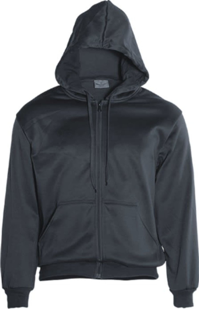 A unisex adult zip-through fleece hoodie in black, featuring a hood and front pockets. It has a logo on it.