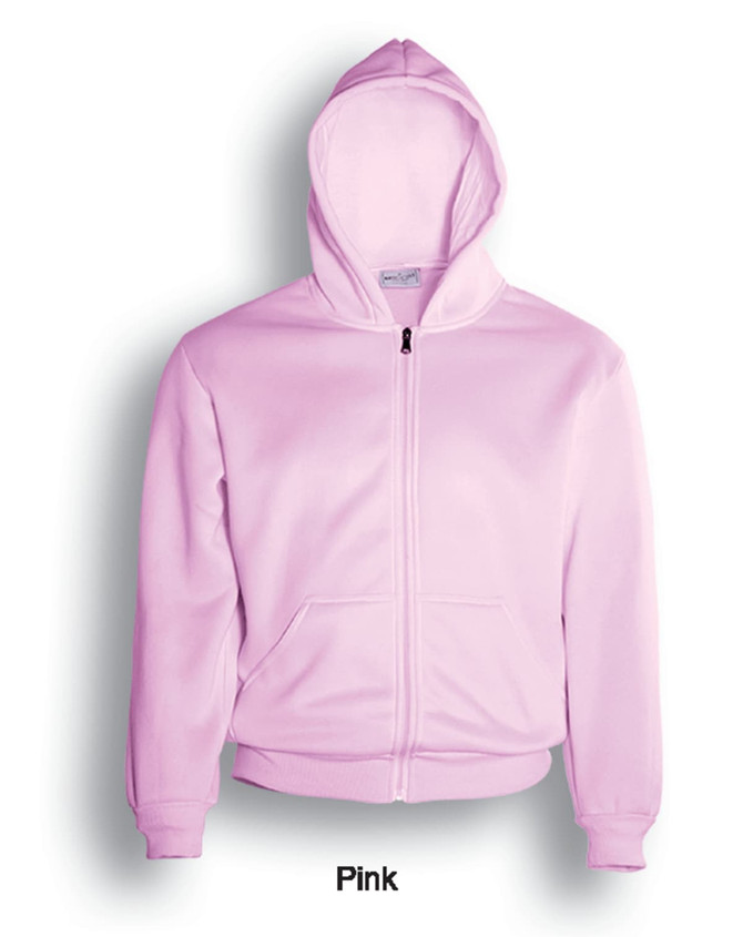 A pink unisex zip-through fleece hoodie featuring a hood and front pockets, with a logo on the upper side.