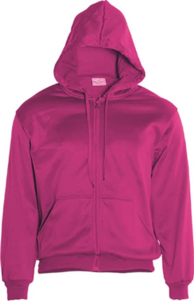 A unisex zip-through fleece hoodie in a bright fuchsia colour, featuring a hood and front zip. Includes a logo.