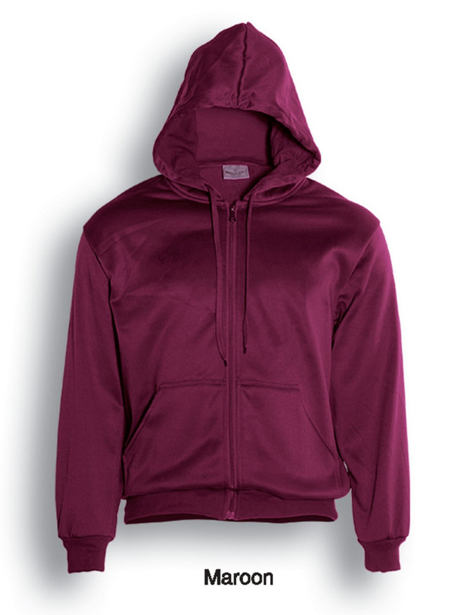 A maroon zip-through fleece hoodie with a hood and front pockets. It features a logo on the chest area.