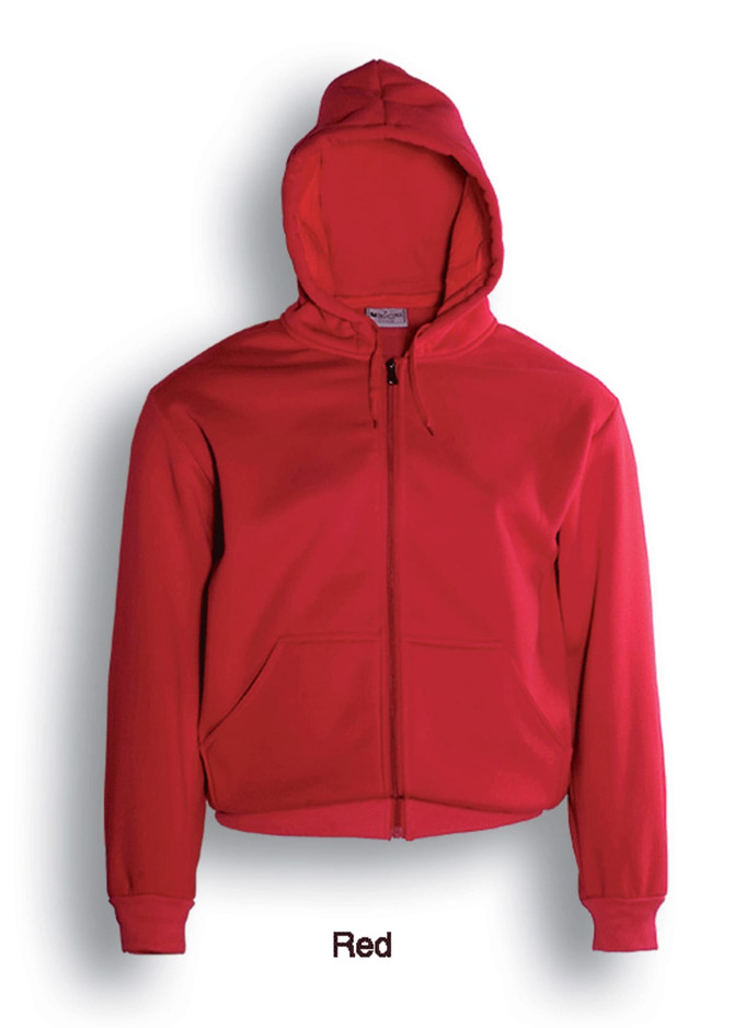 A red fleece hoodie with a zip front, featuring a hood and kangaroo pockets. It has a logo on the chest.