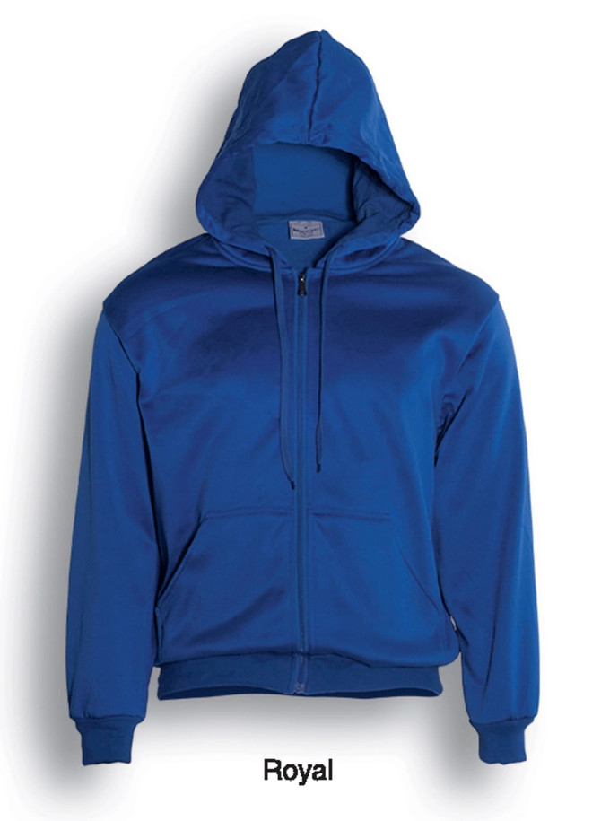 A blue zip-up fleece hoodie with a hood and front pockets. It features a branding logo on the label.