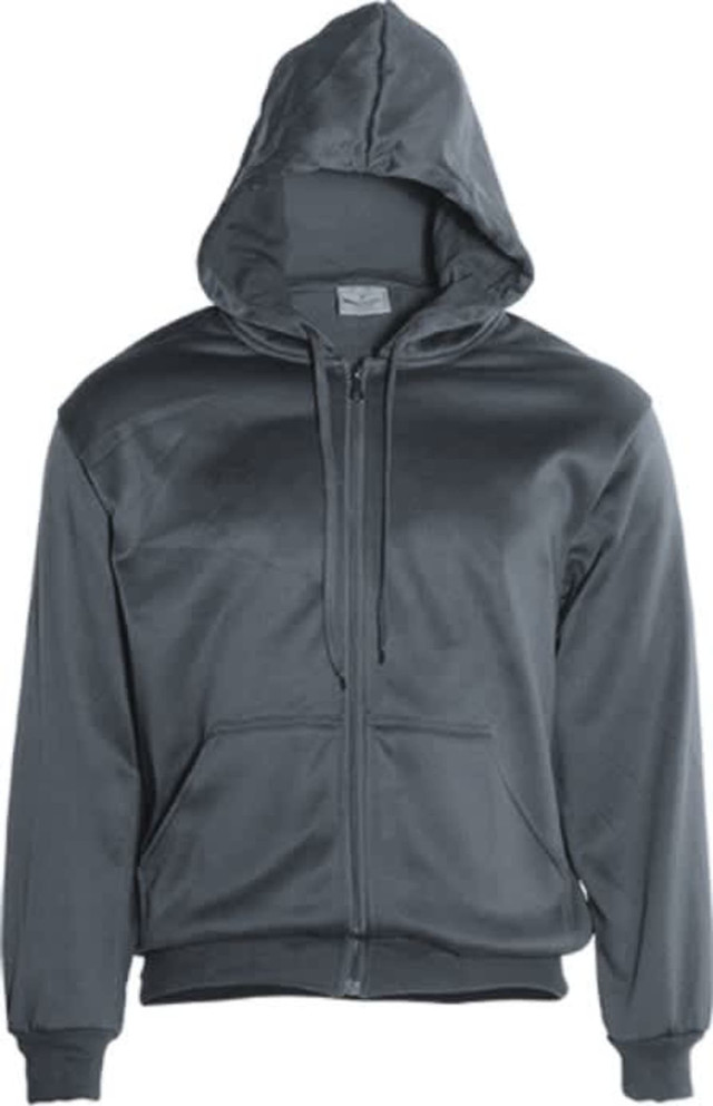A grey fleece zip-up hoodie with a front pocket and a hood. It features a branding logo.